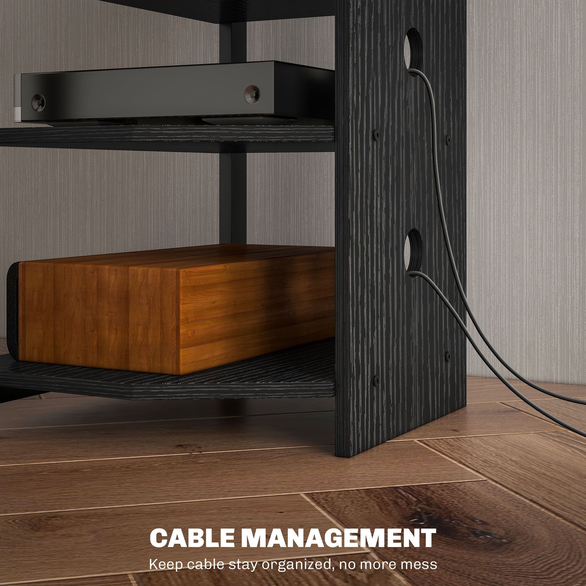 Corner Entertainment Center with Shelves and Cable Management
