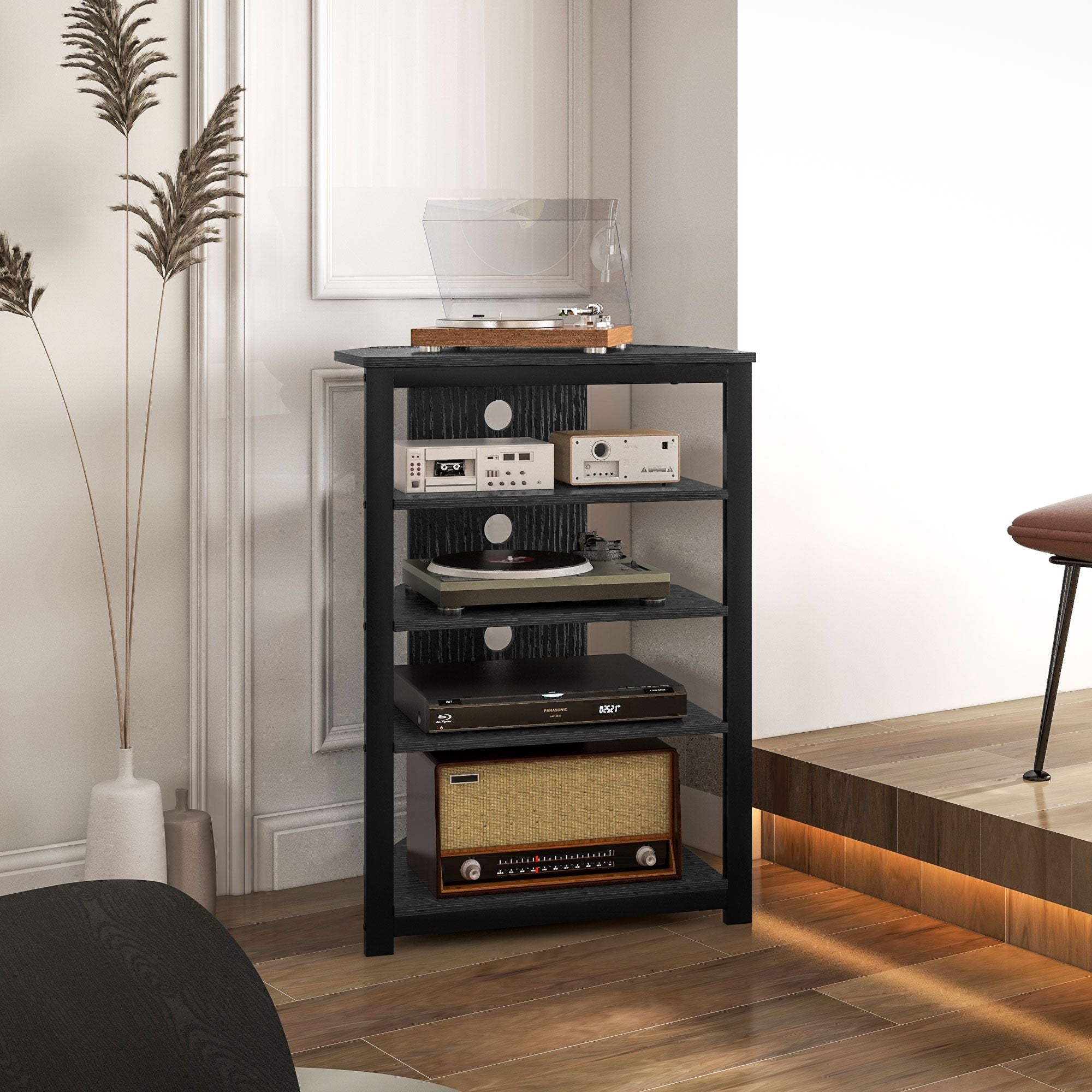 Corner Entertainment Center with Shelves and Cable Management