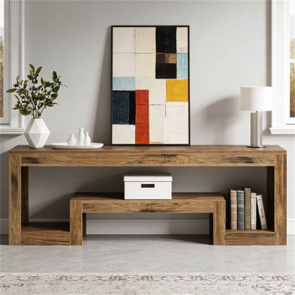 Vintage Woodgrain Media Console with Staggered Shelves