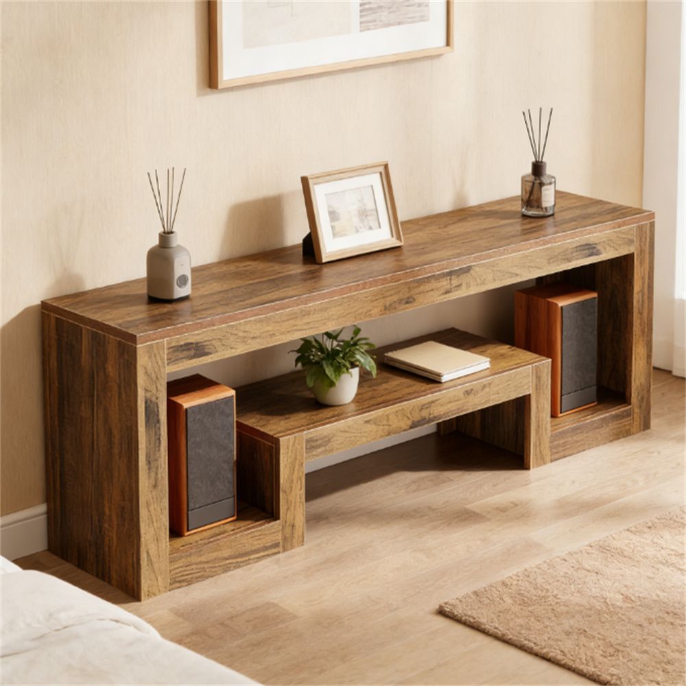 Vintage Woodgrain Media Console with Staggered Shelves