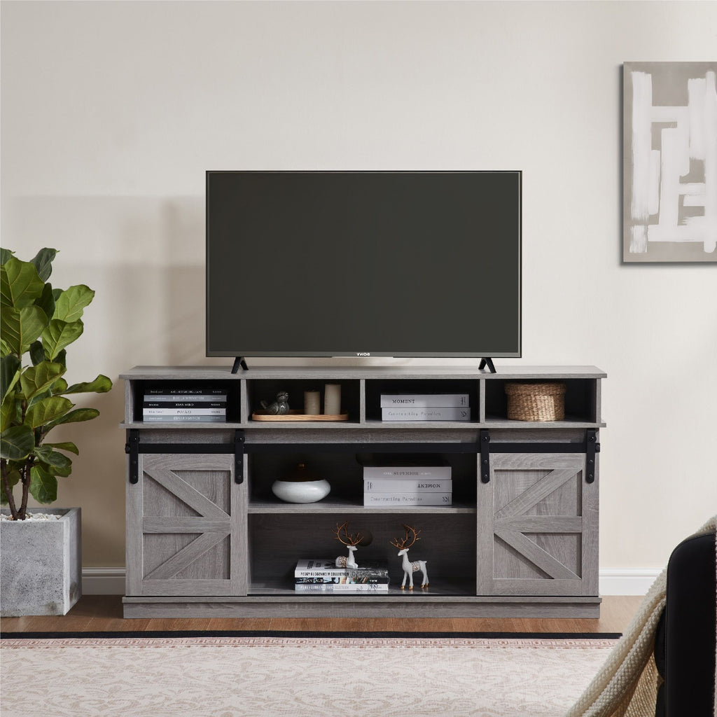 Gray Farmhouse TV Stand with Sliding Barn Doors