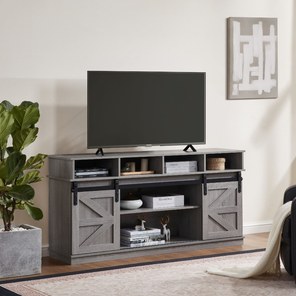 Gray Farmhouse TV Stand with Sliding Barn Doors