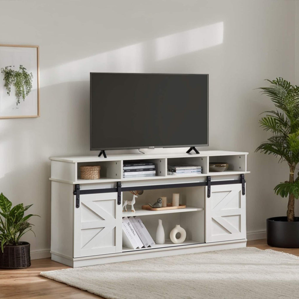 White Farmhouse TV Stand with Sliding Barn Doors