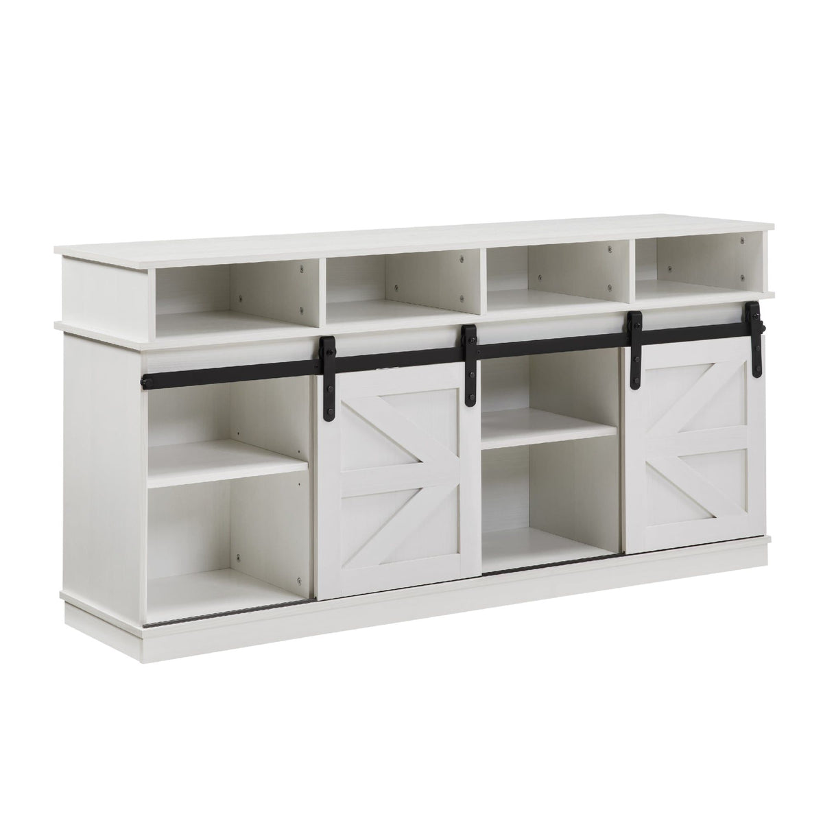 White Farmhouse TV Stand with Sliding Barn Doors