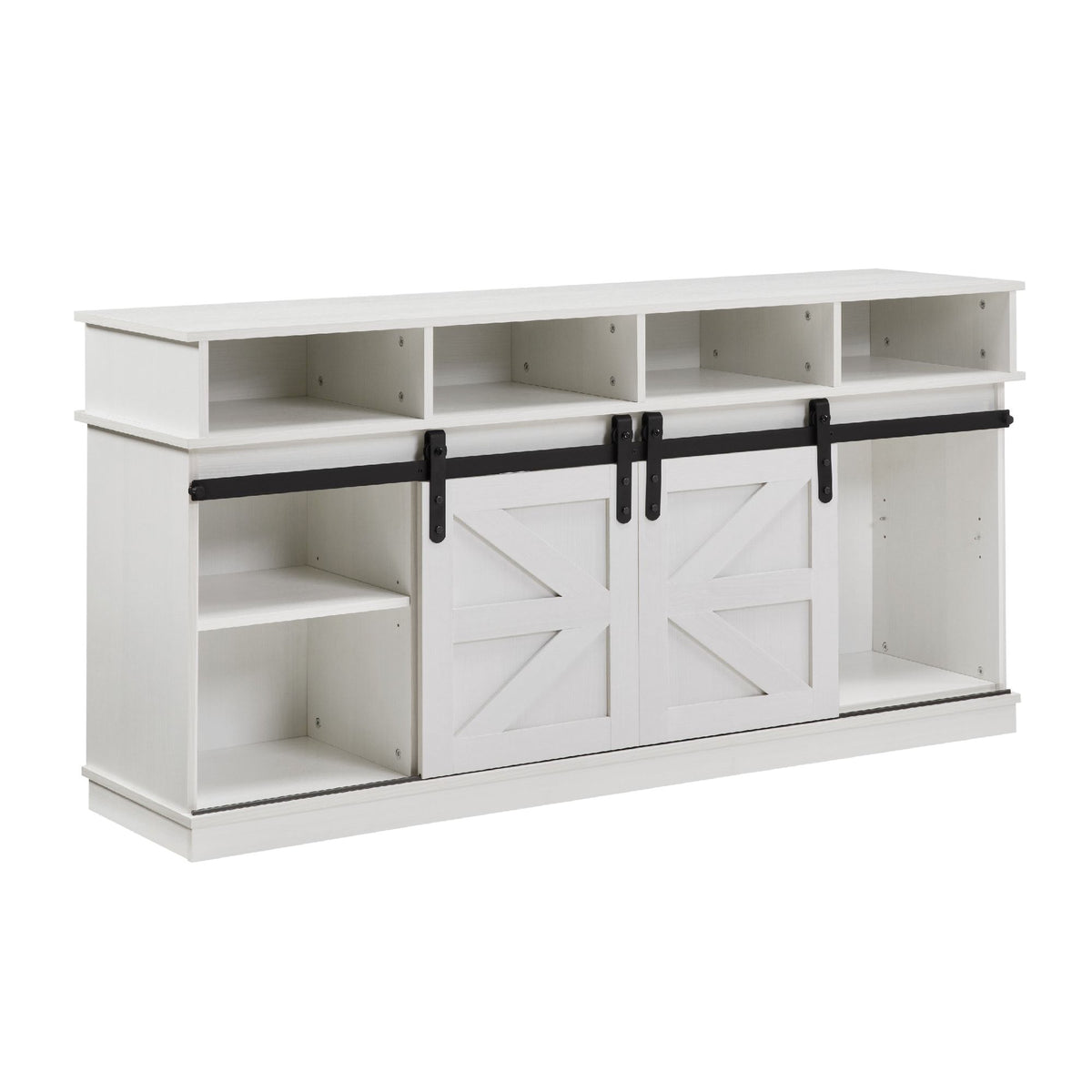 White Farmhouse TV Stand with Sliding Barn Doors