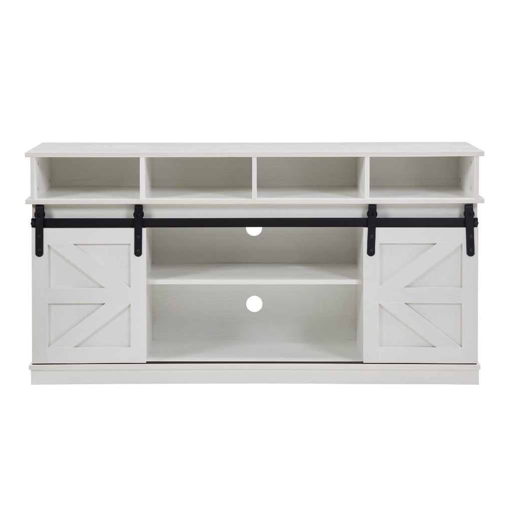 White Farmhouse TV Stand with Sliding Barn Doors