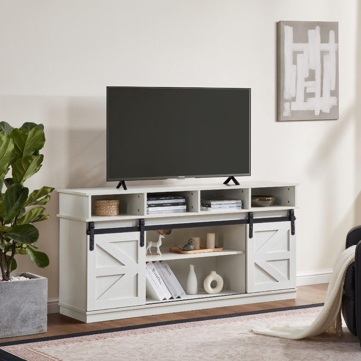 White Farmhouse TV Stand with Sliding Barn Doors