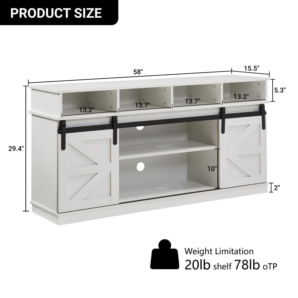 White Farmhouse TV Stand with Sliding Barn Doors