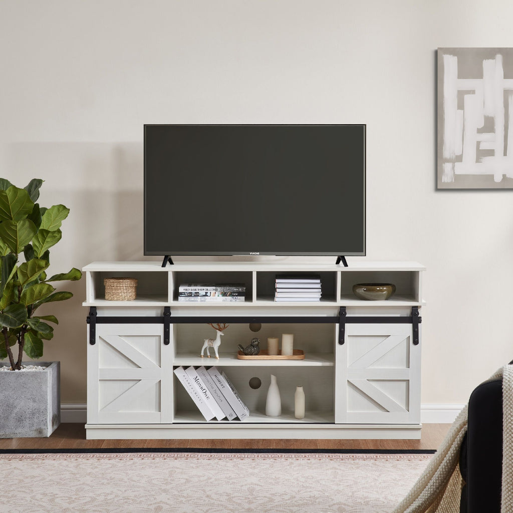 White Farmhouse TV Stand with Sliding Barn Doors