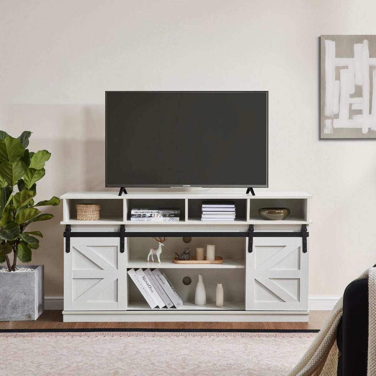 White Farmhouse TV Stand with Sliding Barn Doors