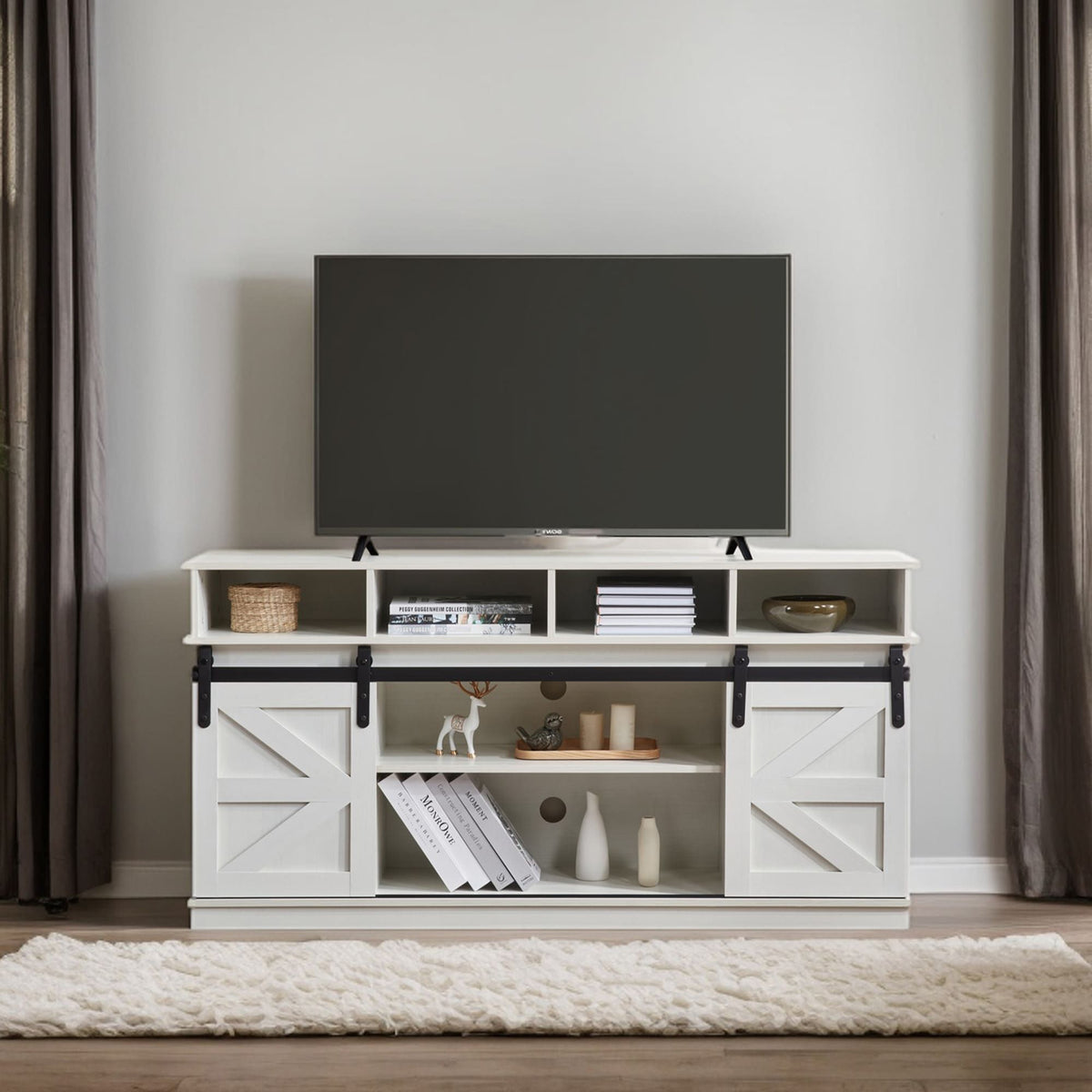 White Farmhouse TV Stand with Sliding Barn Doors