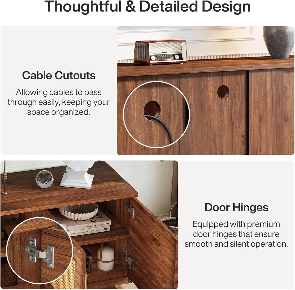 Mid-Century Modern TV Stand with Rattan Doors and 6-Tier Storage