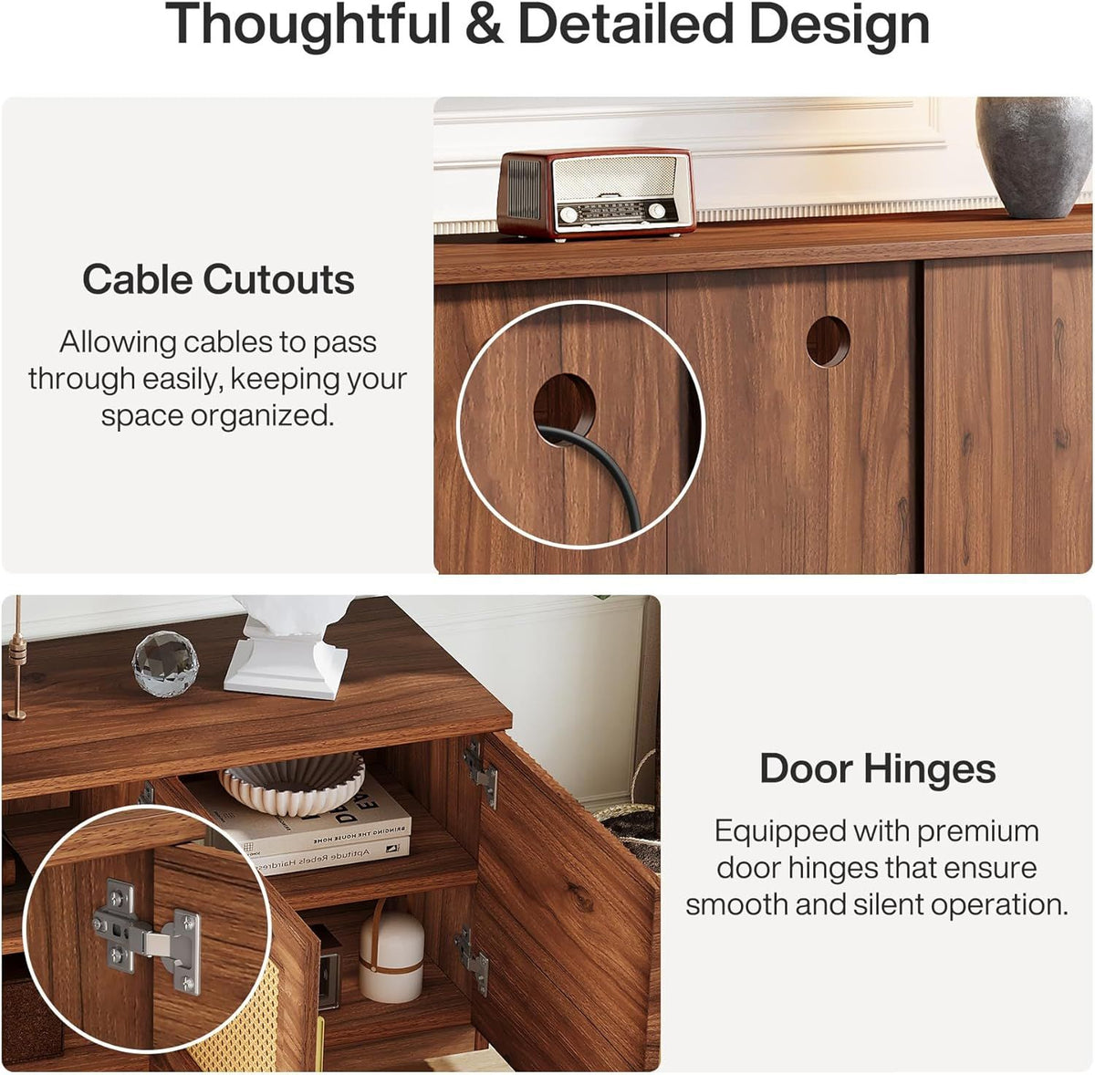 Mid-Century Modern TV Stand with Rattan Doors and 6-Tier Storage