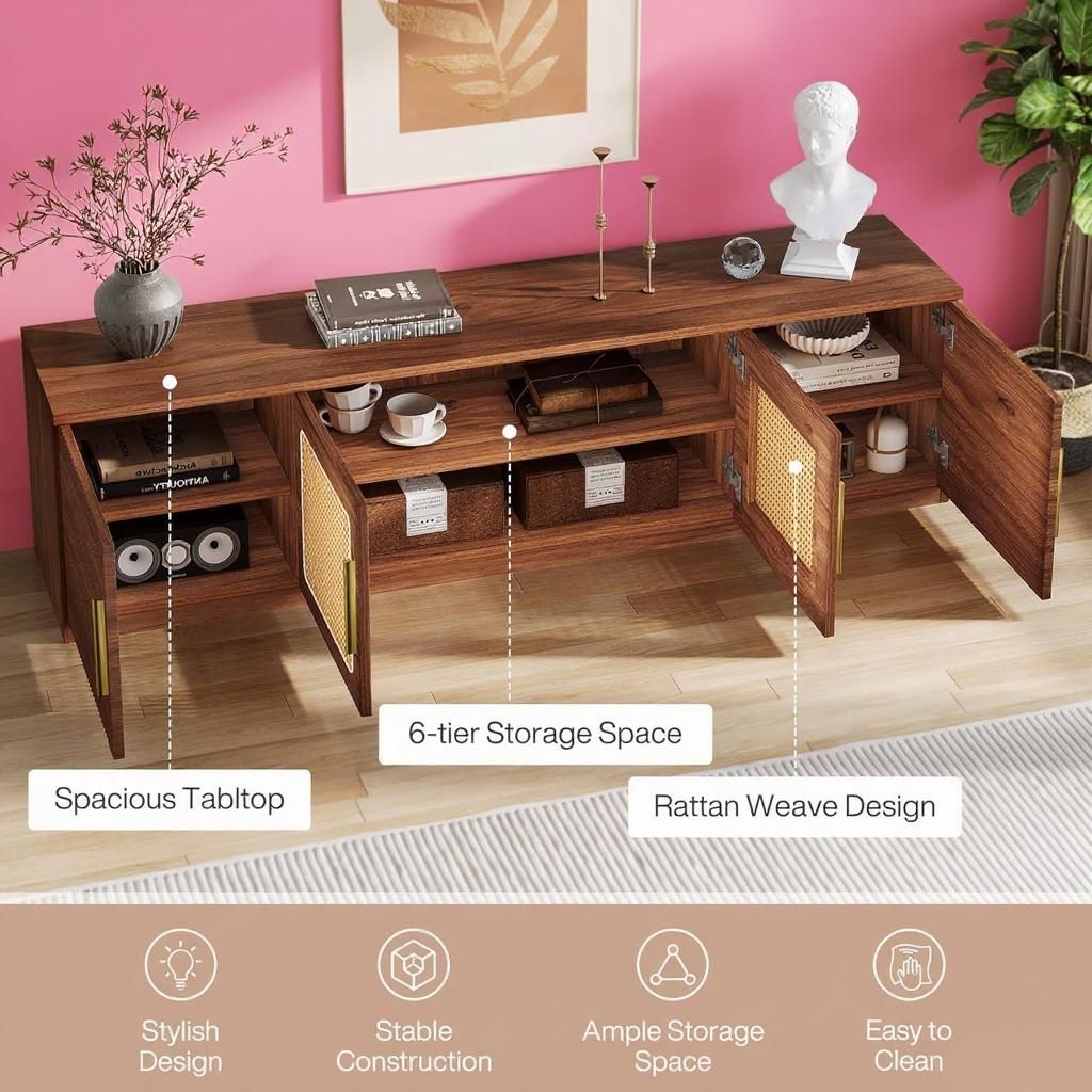 Mid-Century Modern TV Stand with Rattan Doors and 6-Tier Storage