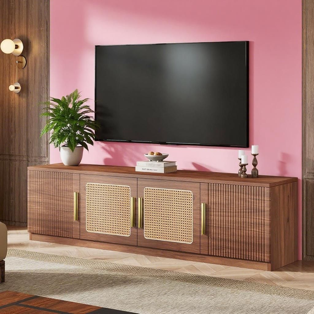 Mid-Century Modern TV Stand with Rattan Doors and 6-Tier Storage