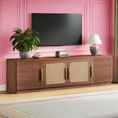Mid-Century Modern TV Stand with Rattan Doors and 6-Tier Storage