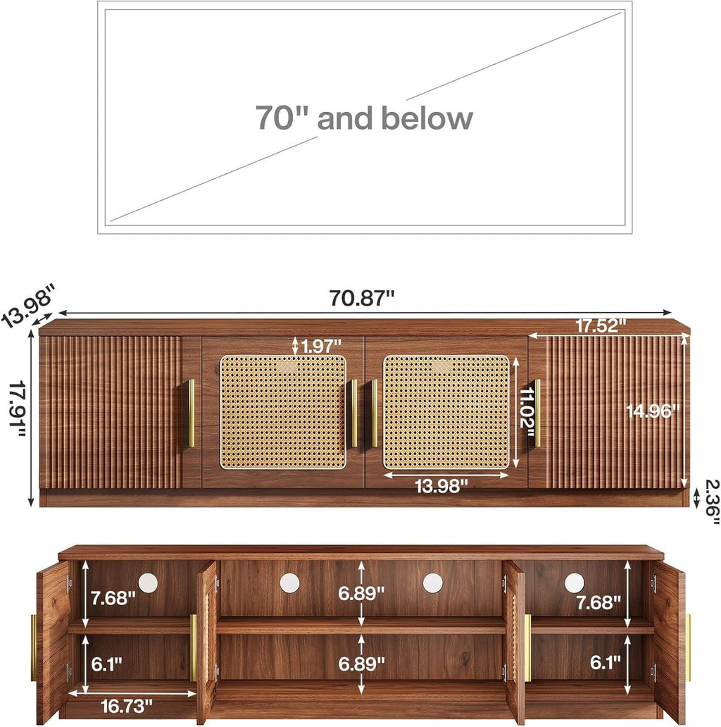 Mid-Century Modern TV Stand with Rattan Doors and 6-Tier Storage
