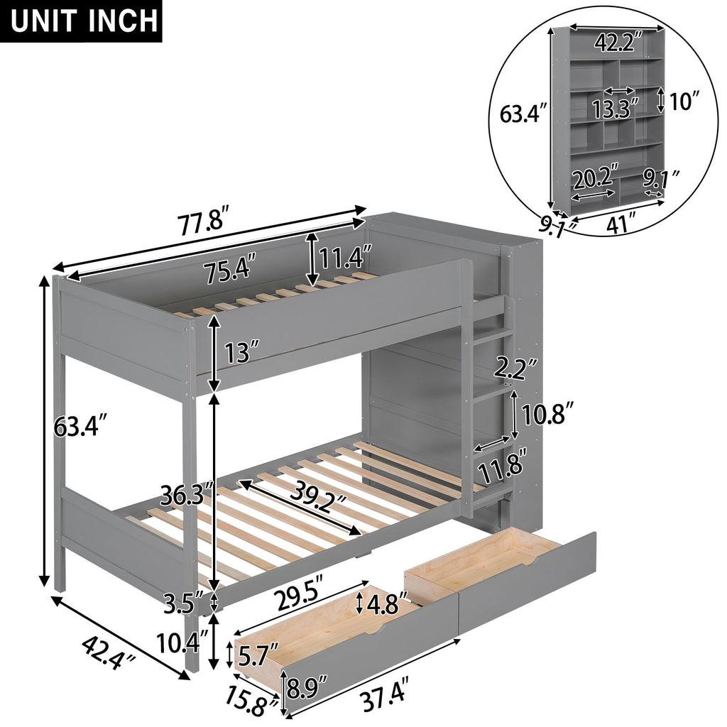 Gray Twin-Over-Twin Bunk Bed with Drawers and Cabinet