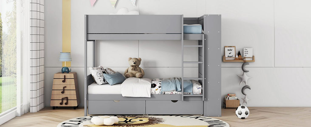 Gray Twin-Over-Twin Bunk Bed with Drawers and Cabinet