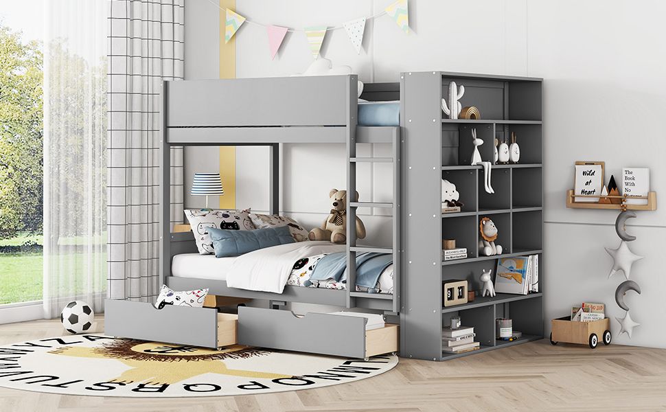 Gray Twin-Over-Twin Bunk Bed with Drawers and Cabinet