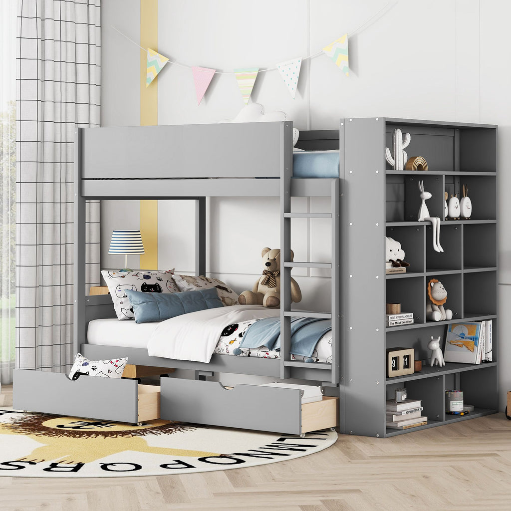 Gray Twin-Over-Twin Bunk Bed with Drawers and Cabinet
