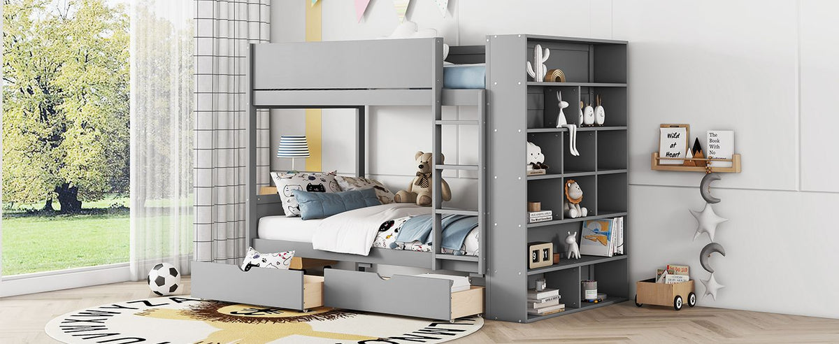 Gray Twin-Over-Twin Bunk Bed with Drawers and Cabinet