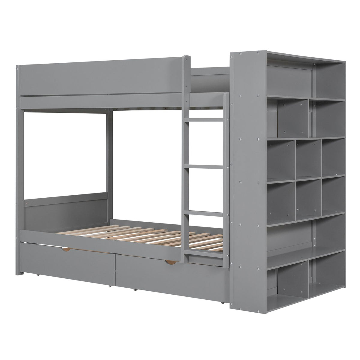 Gray Twin-Over-Twin Bunk Bed with Drawers and Cabinet
