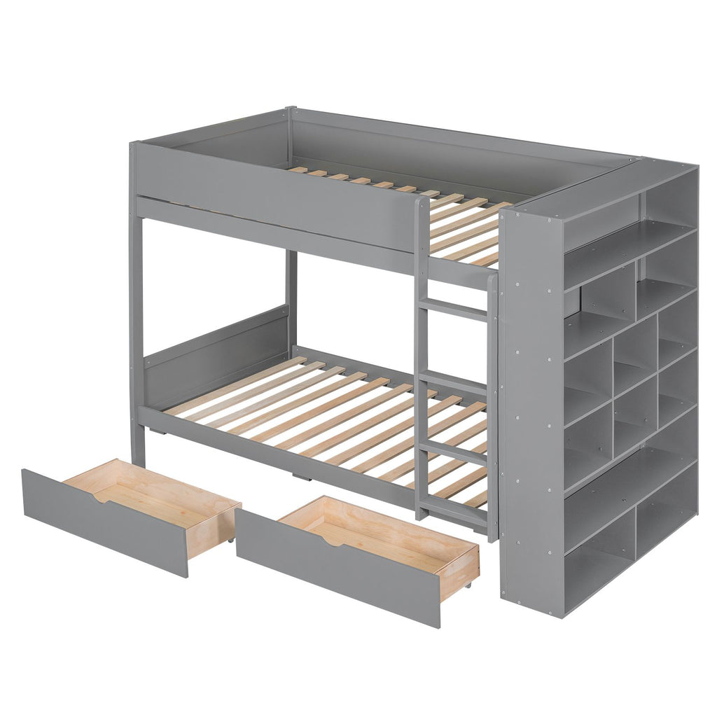Gray Twin-Over-Twin Bunk Bed with Drawers and Cabinet
