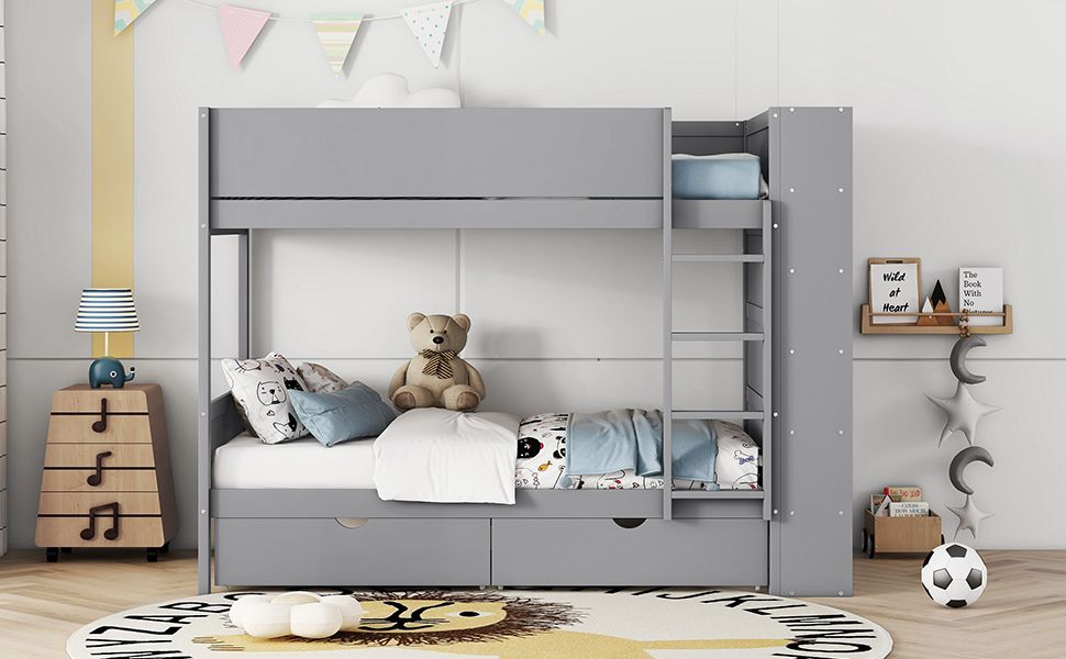 Gray Twin-Over-Twin Bunk Bed with Drawers and Cabinet