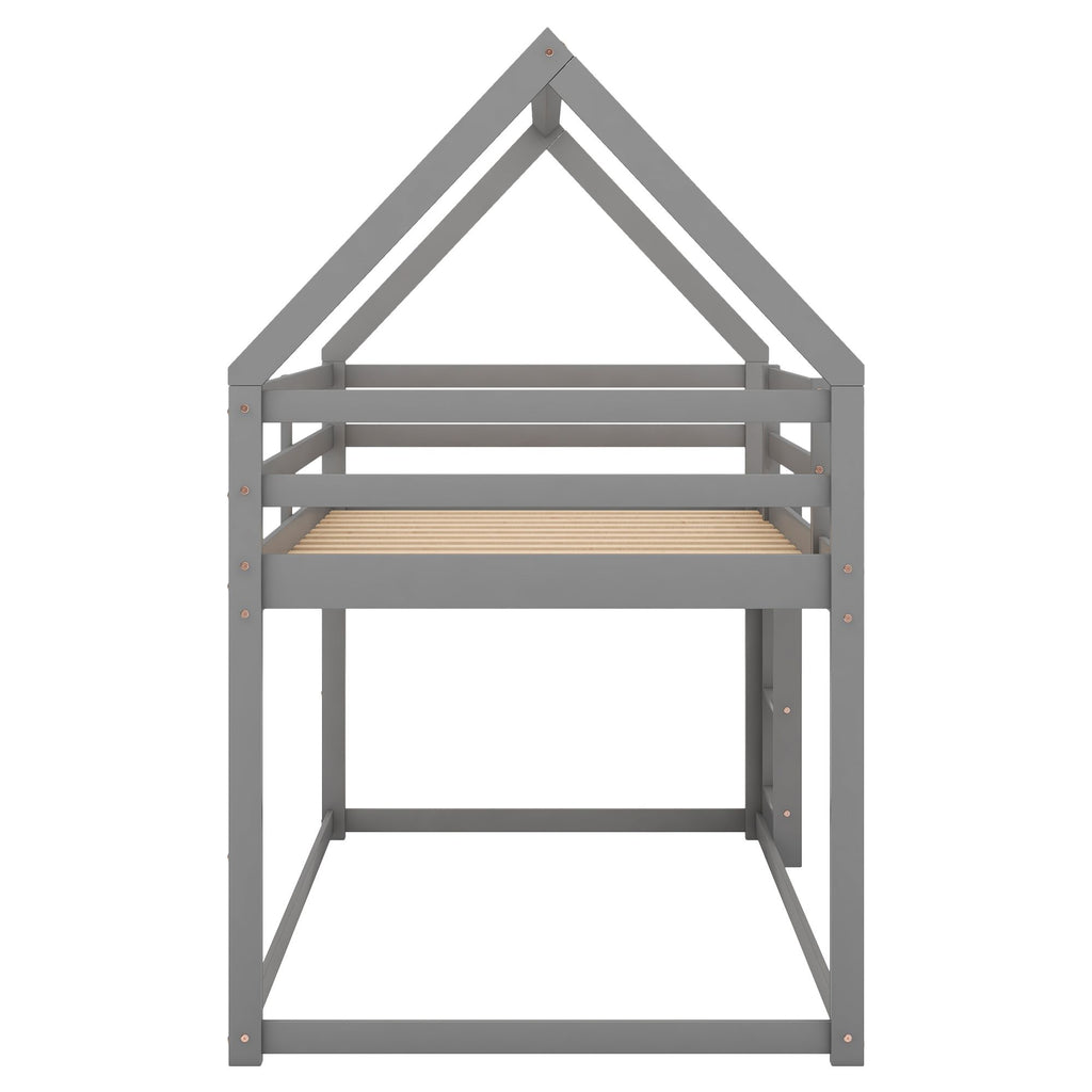 Twin over Twin Low Bunk Bed with House-Shaped Frame and Ladder - Gray