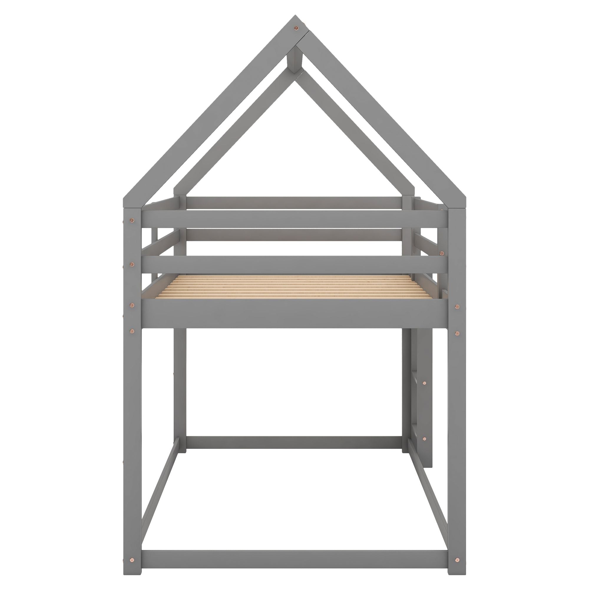 Twin over Twin Low Bunk Bed with House-Shaped Frame and Ladder - Gray