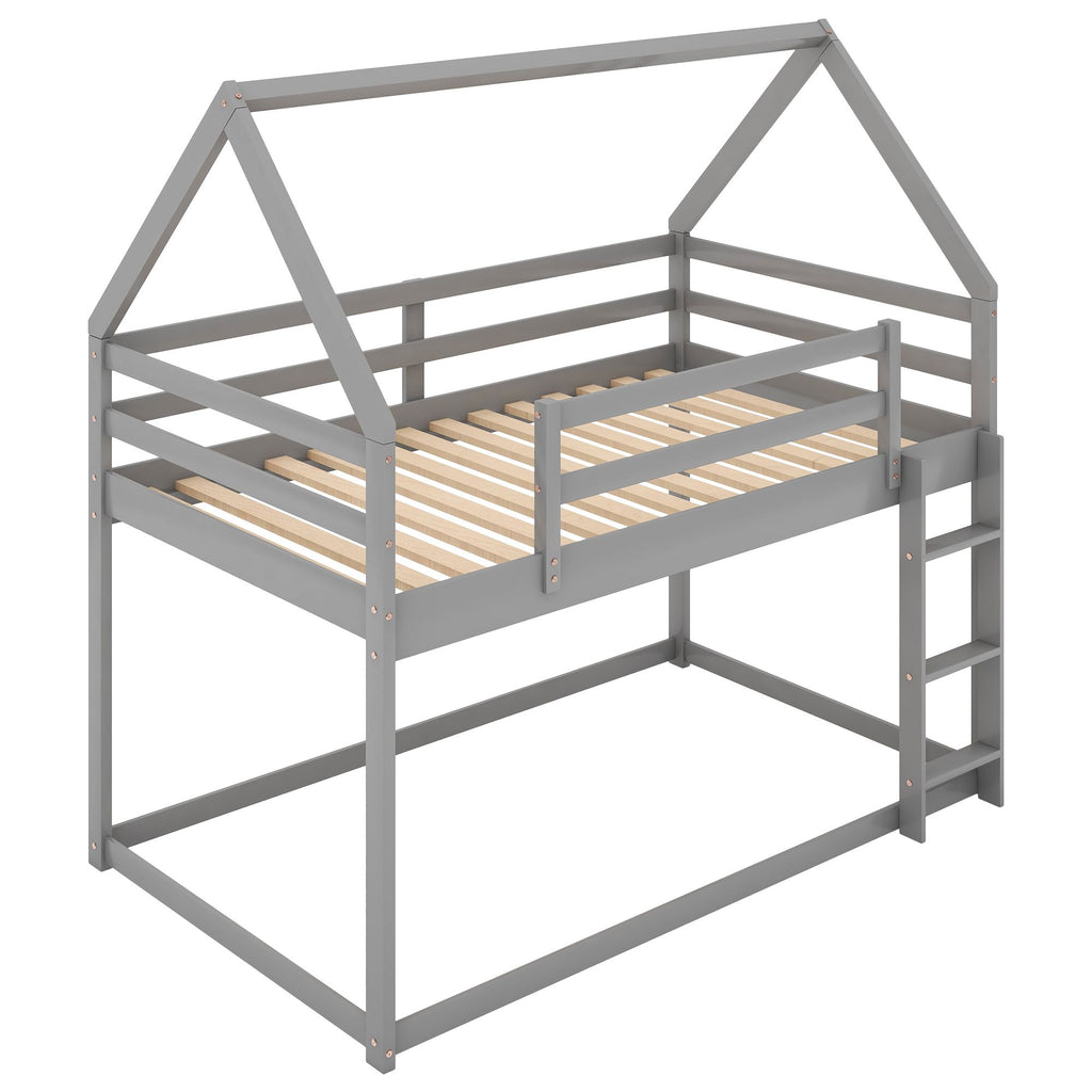Twin over Twin Low Bunk Bed with House-Shaped Frame and Ladder - Gray