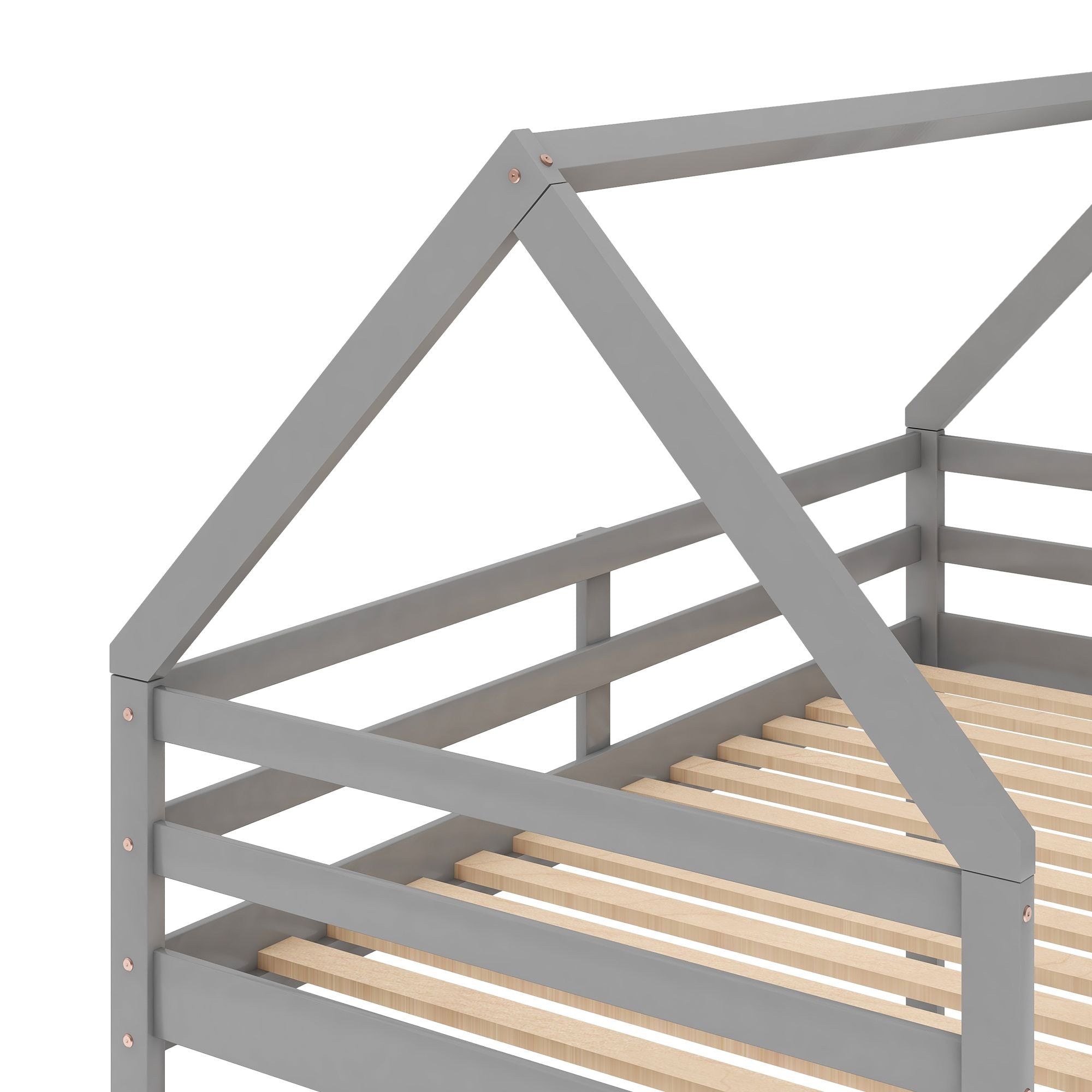 Twin over Twin Low Bunk Bed with House-Shaped Frame and Ladder - Gray