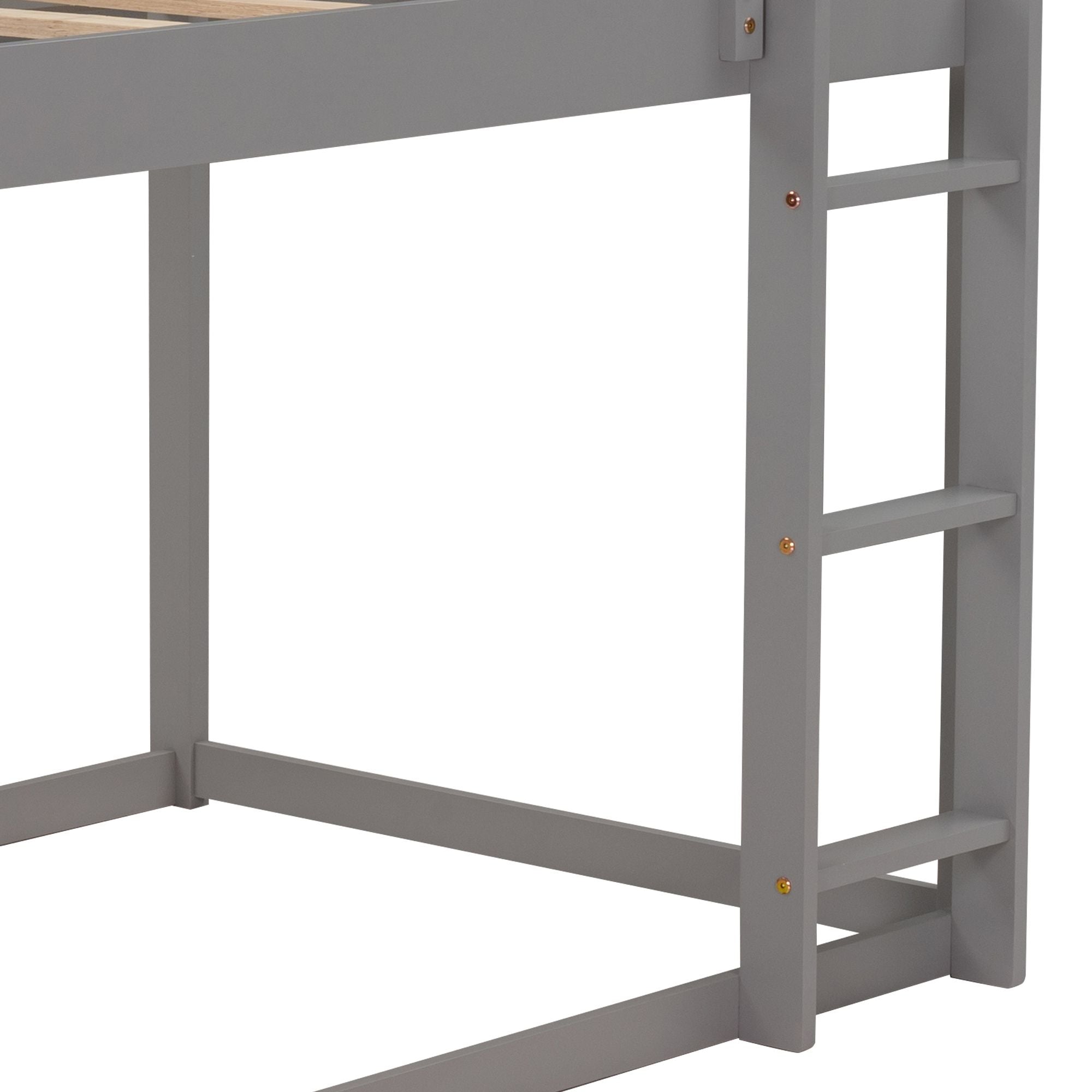 Twin over Twin Low Bunk Bed with House-Shaped Frame and Ladder - Gray