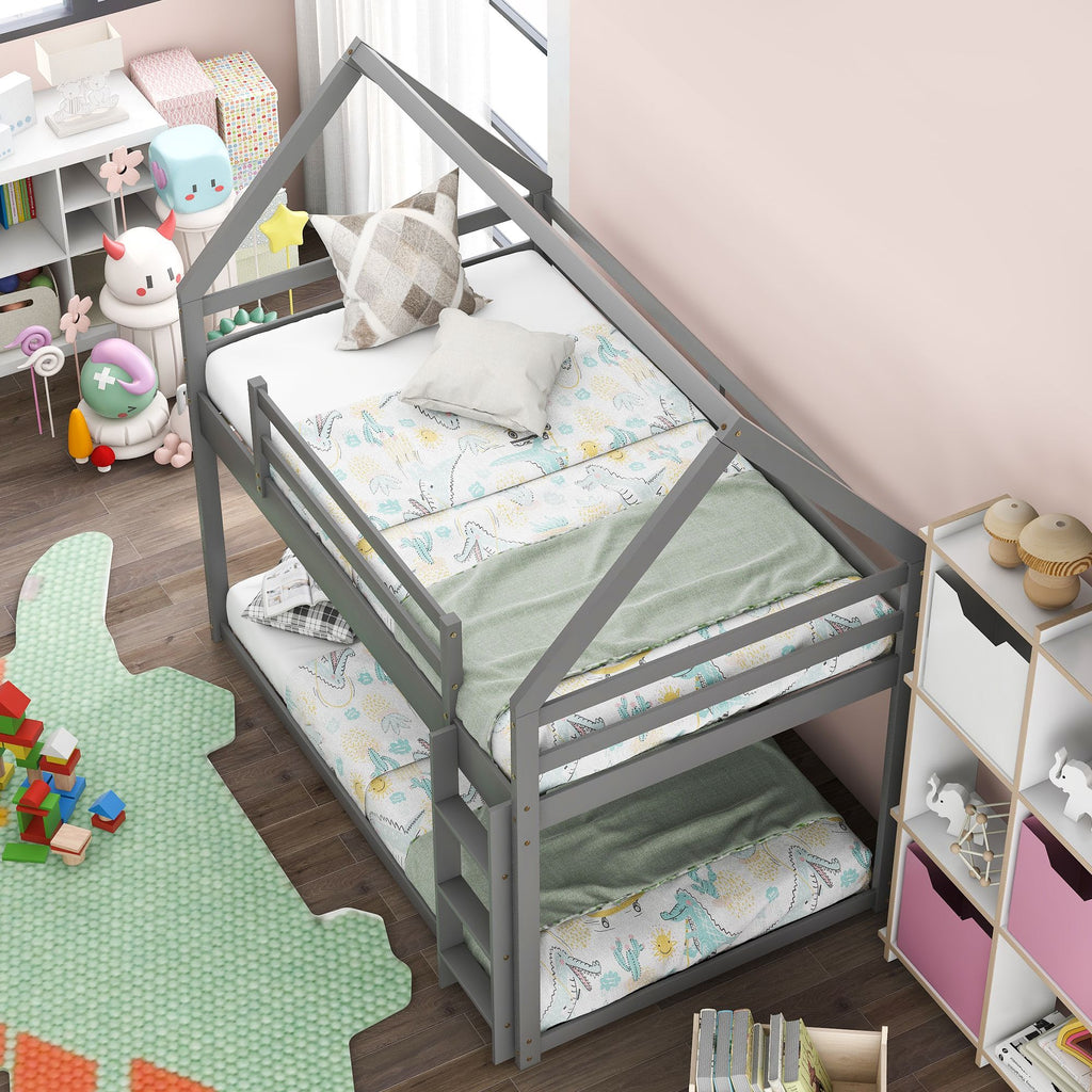 Twin over Twin Low Bunk Bed with House-Shaped Frame and Ladder - Gray