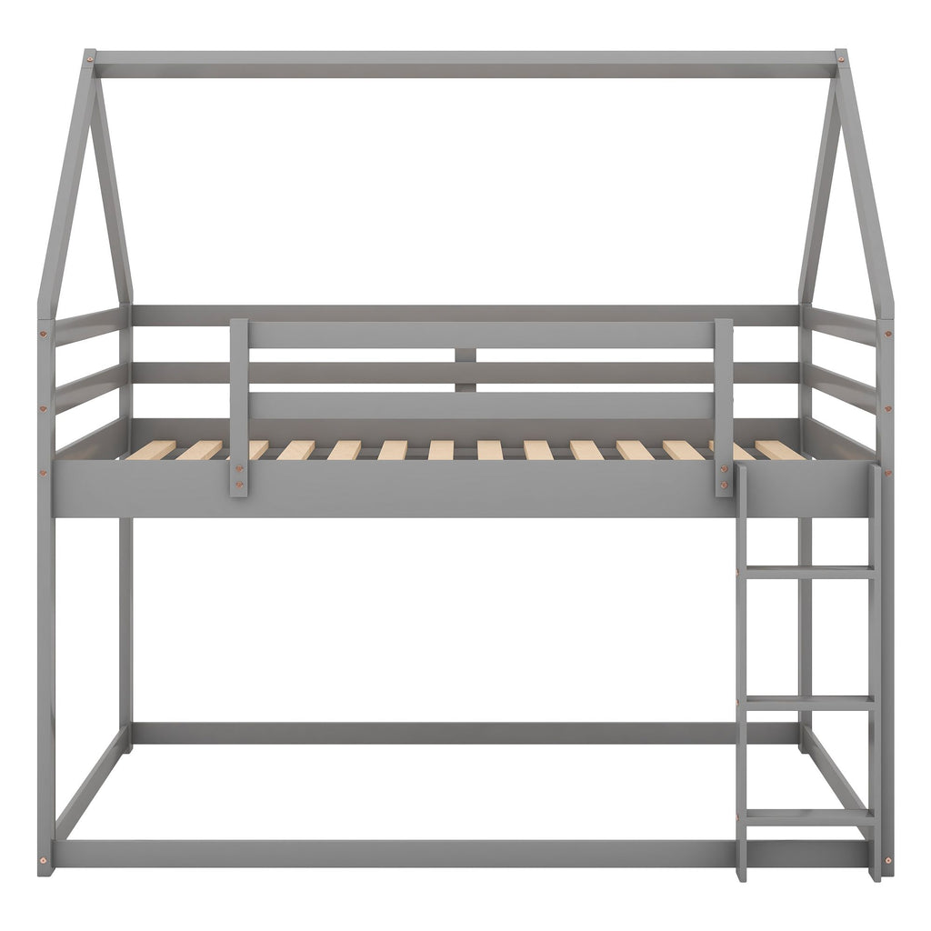 Twin over Twin Low Bunk Bed with House-Shaped Frame and Ladder - Gray