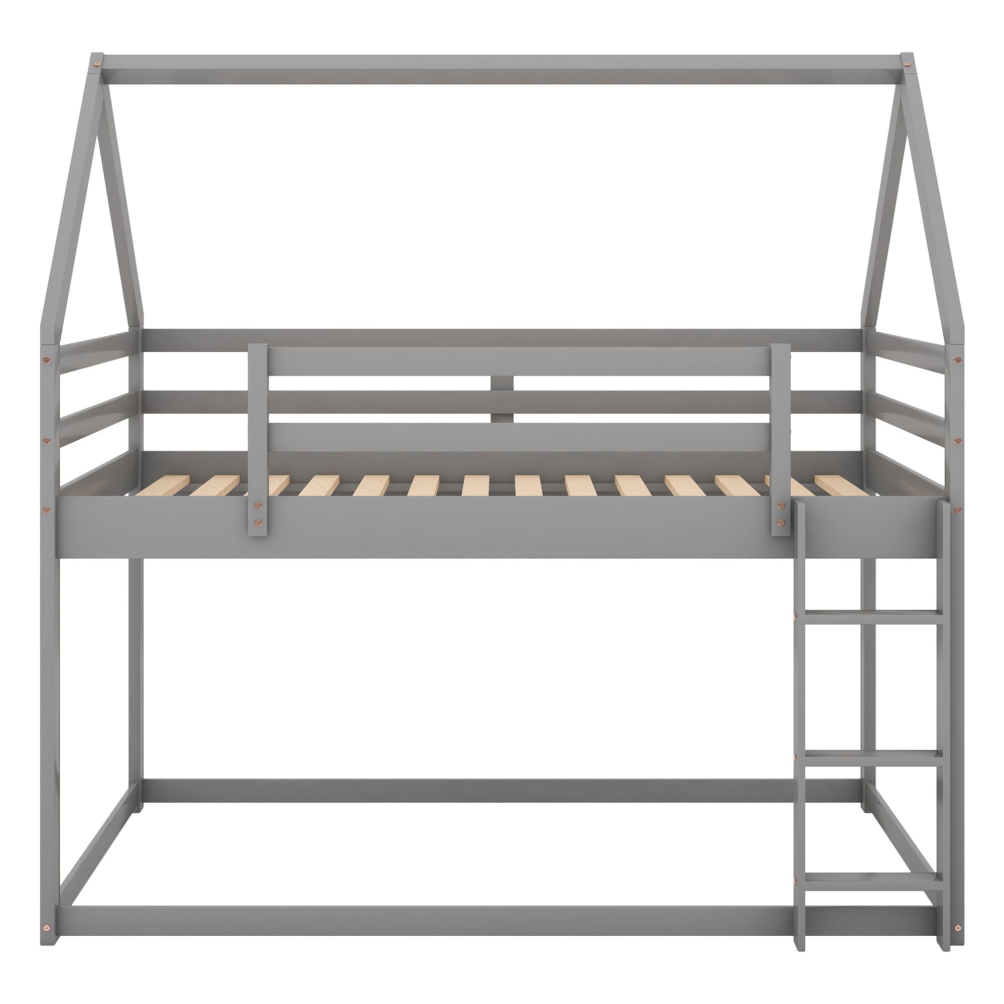 Twin over Twin Low Bunk Bed with House-Shaped Frame and Ladder - Gray