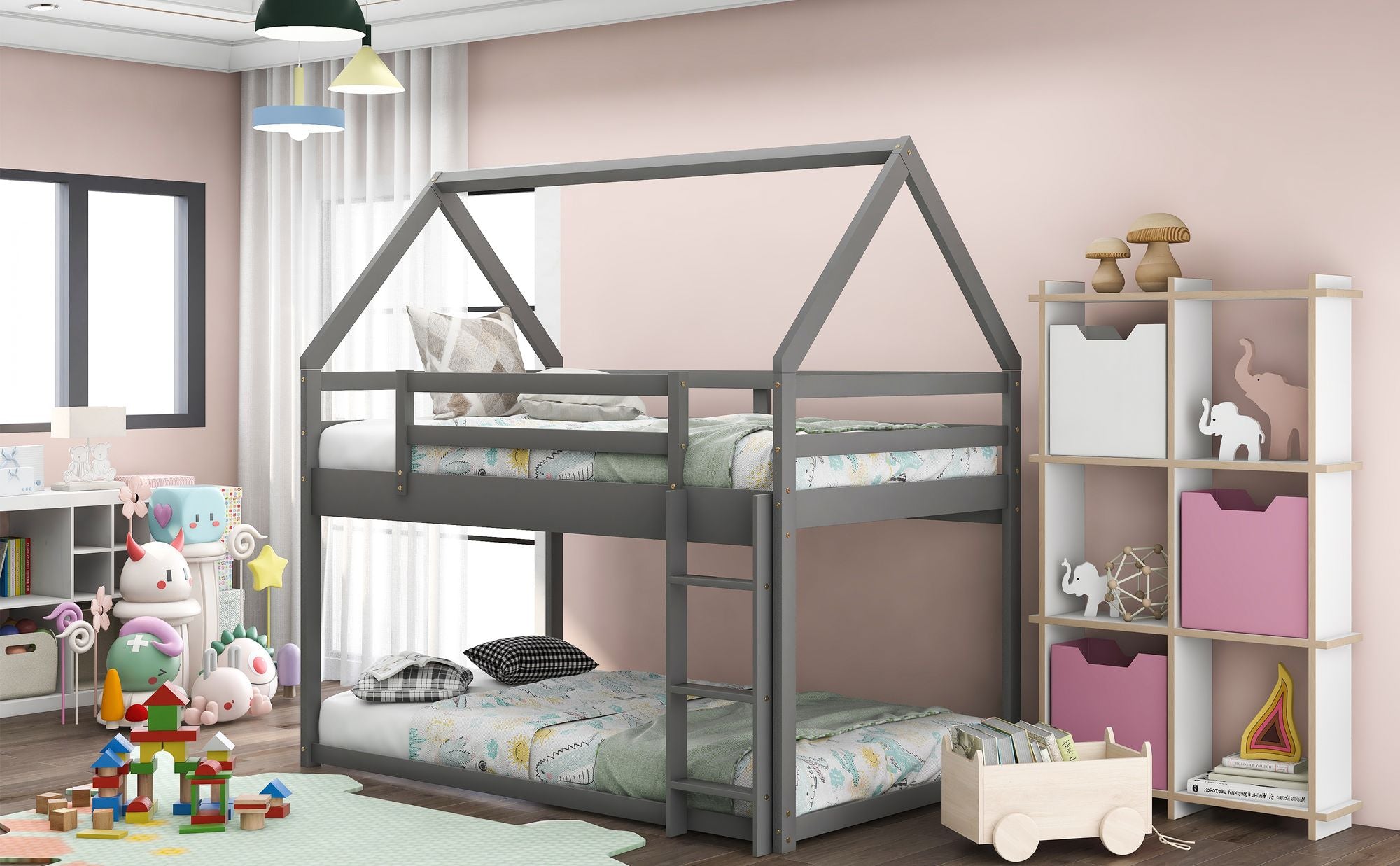 Twin over Twin Low Bunk Bed with House-Shaped Frame and Ladder - Gray