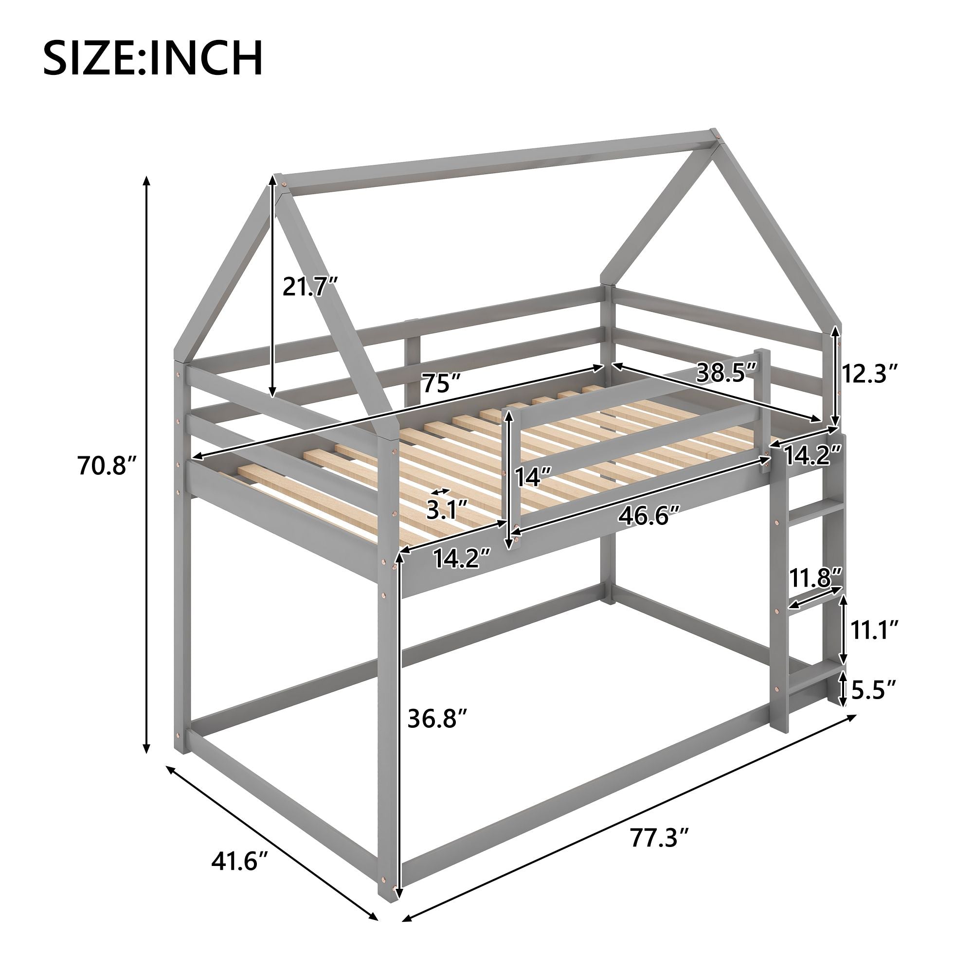 Twin over Twin Low Bunk Bed with House-Shaped Frame and Ladder - Gray