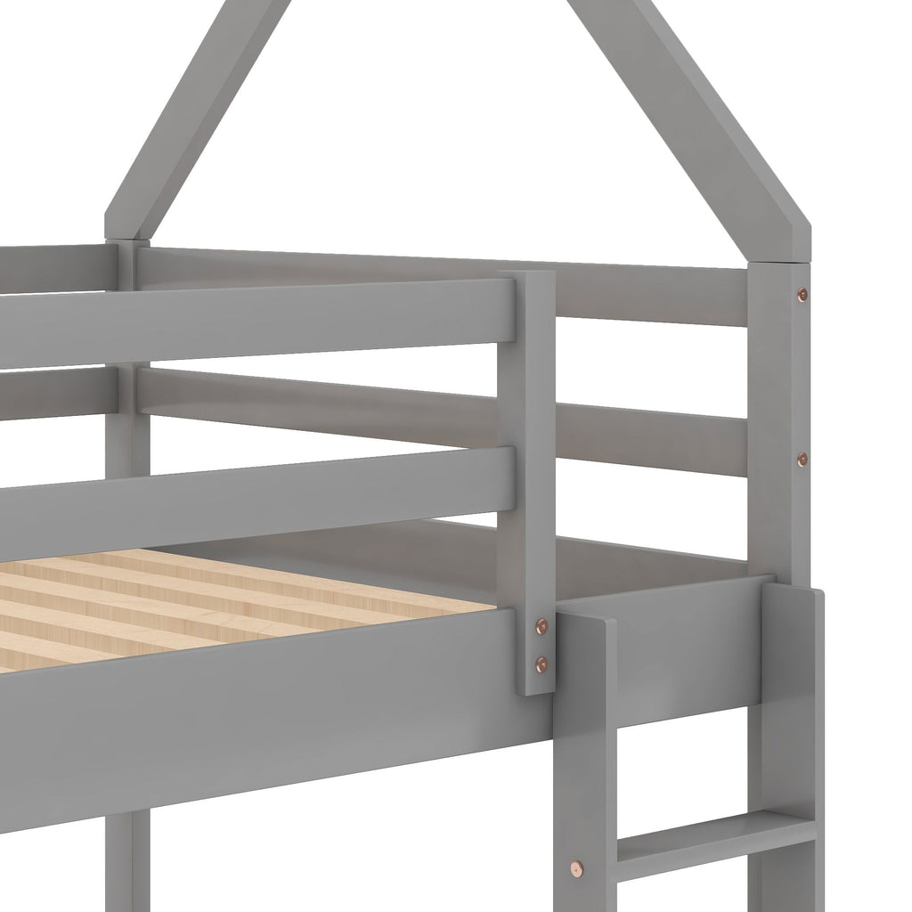 Twin over Twin Low Bunk Bed with House-Shaped Frame and Ladder - Gray