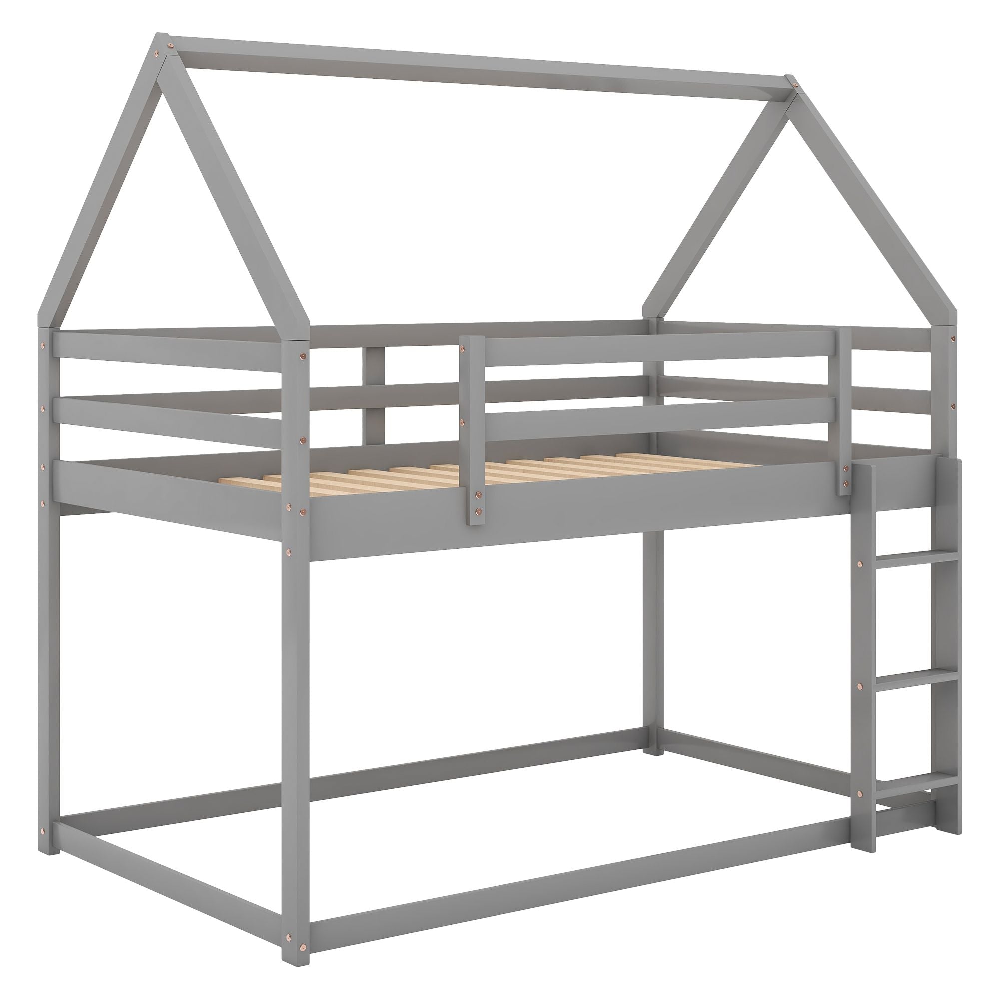 Twin over Twin Low Bunk Bed with House-Shaped Frame and Ladder - Gray