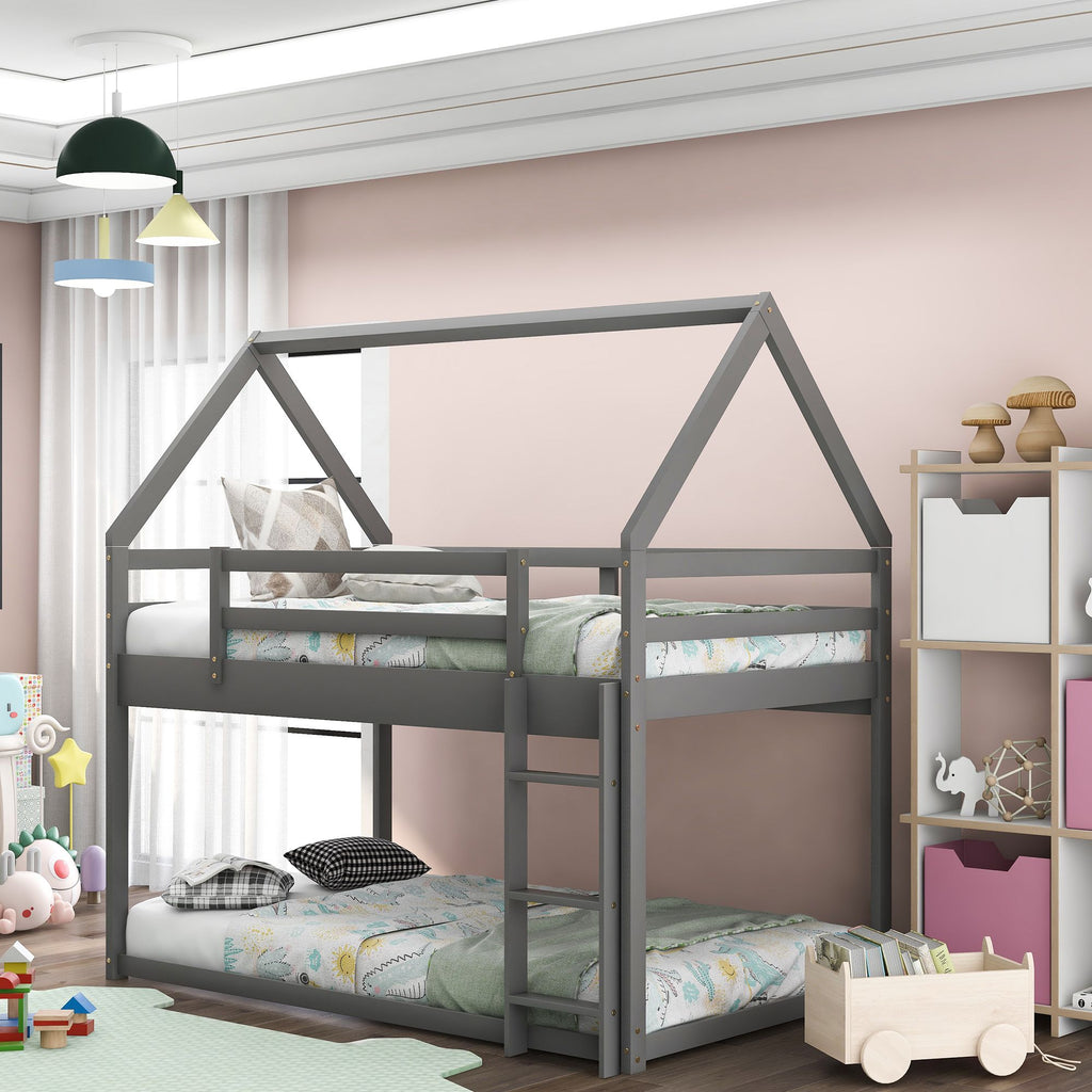 Twin over Twin Low Bunk Bed with House-Shaped Frame and Ladder - Gray