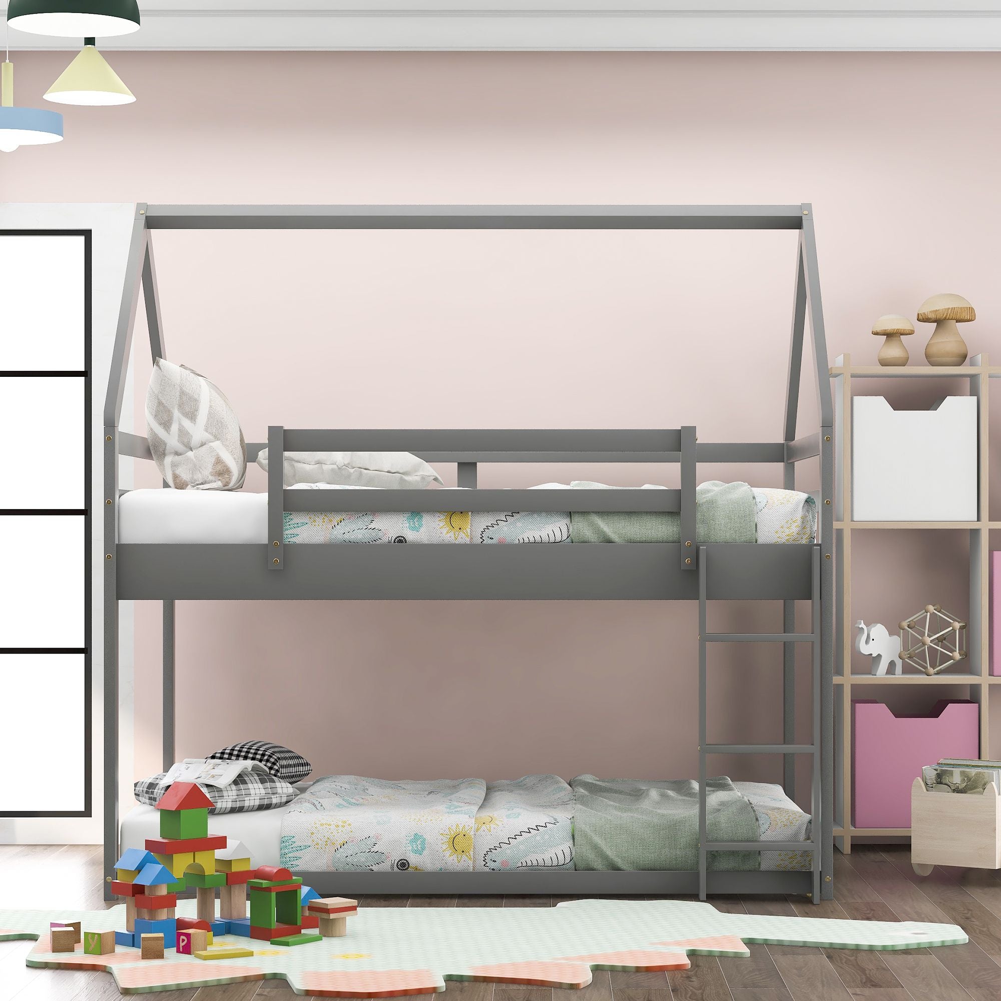 Twin over Twin Low Bunk Bed with House-Shaped Frame and Ladder - Gray