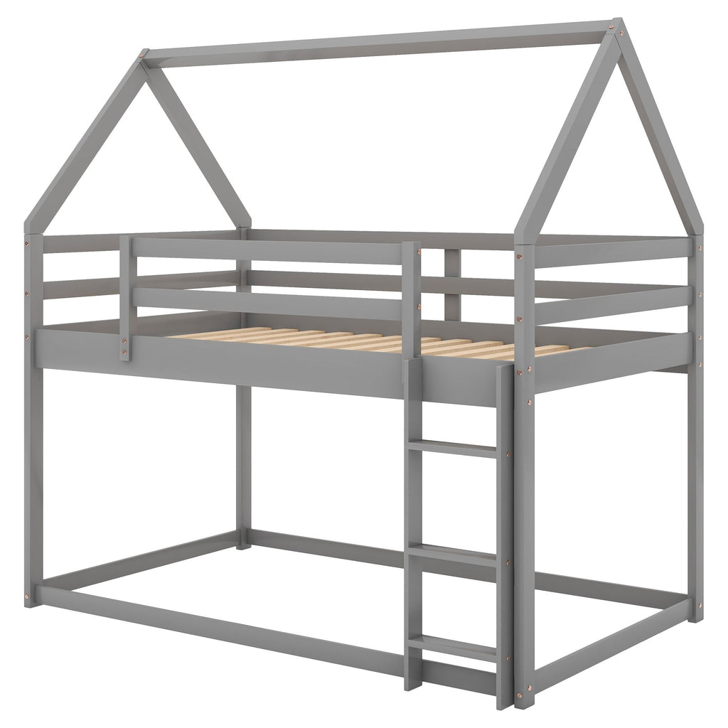 Twin over Twin Low Bunk Bed with House-Shaped Frame and Ladder - Gray