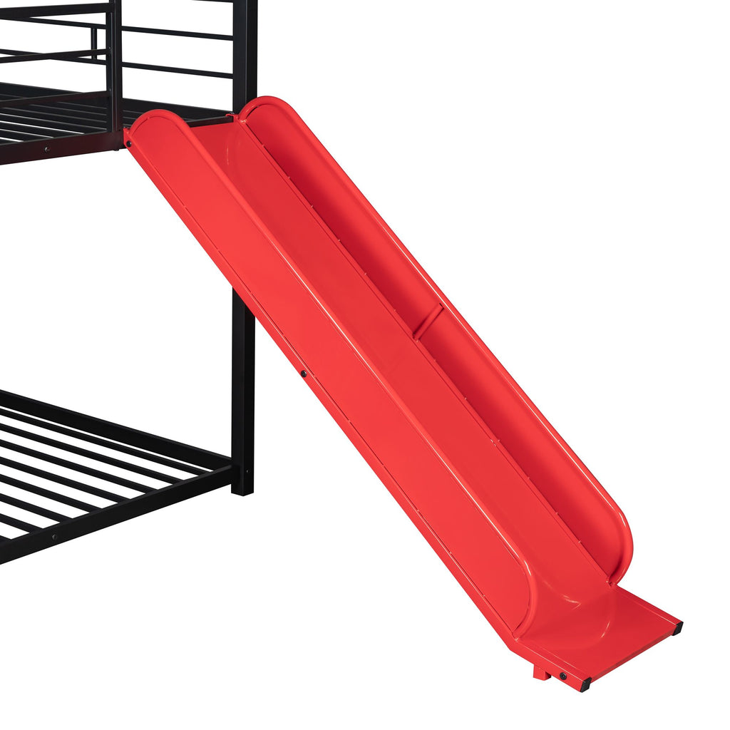 Twin Over Twin Metal Bunk Bed with Playhouse Design and Slide