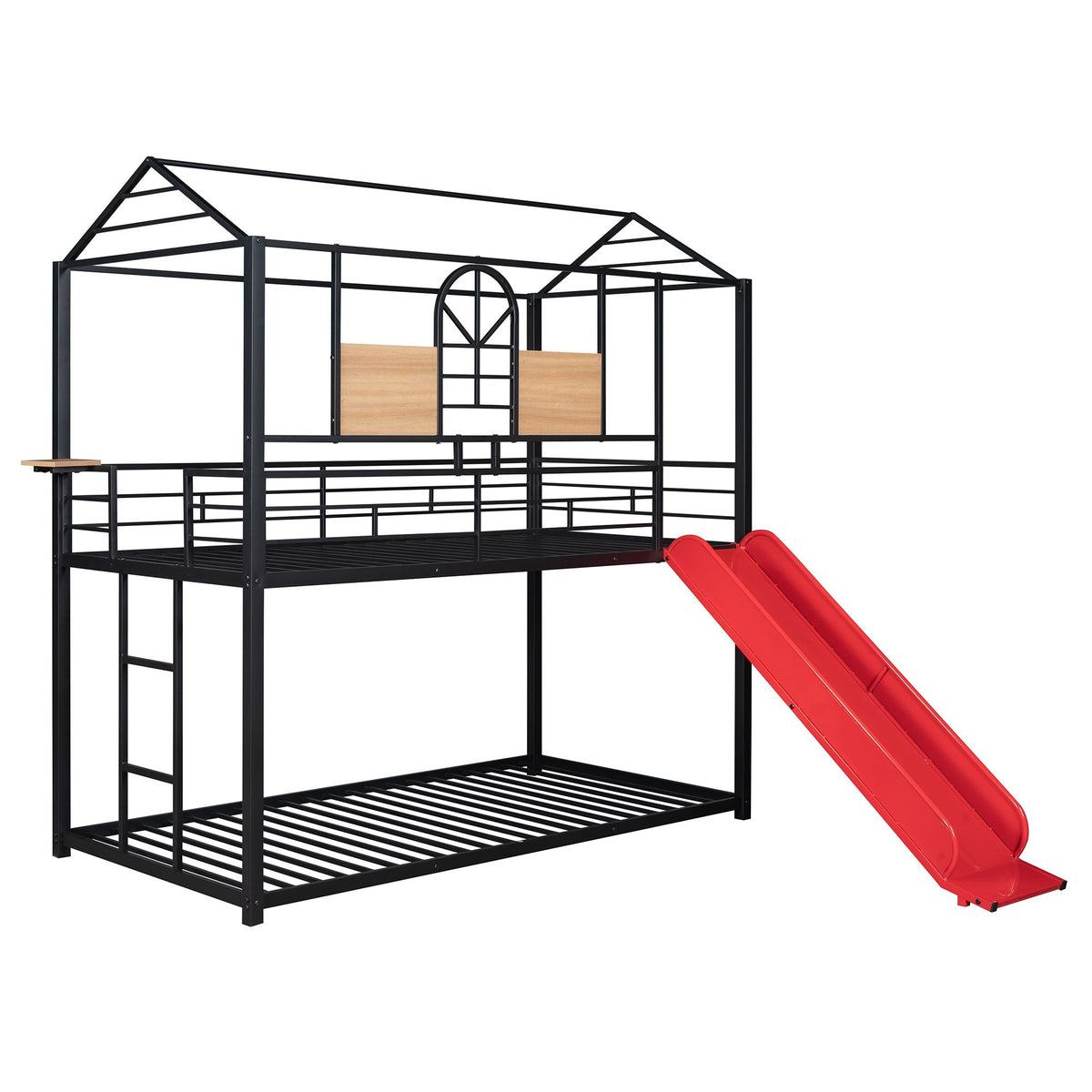 Twin Over Twin Metal Bunk Bed with Playhouse Design and Slide