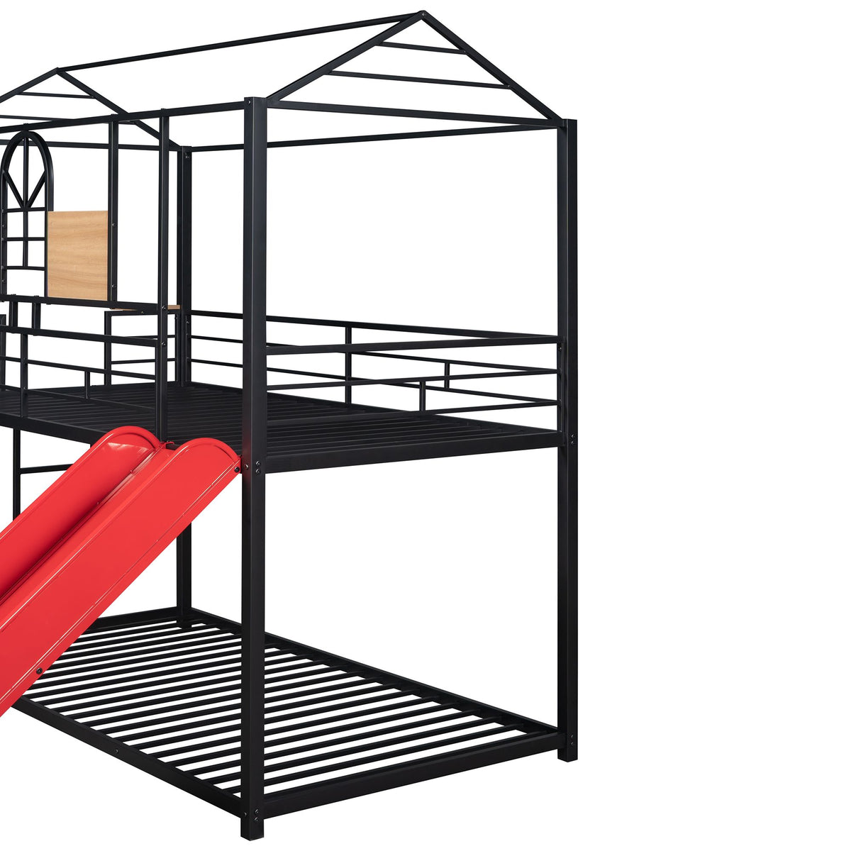 Twin Over Twin Metal Bunk Bed with Playhouse Design and Slide