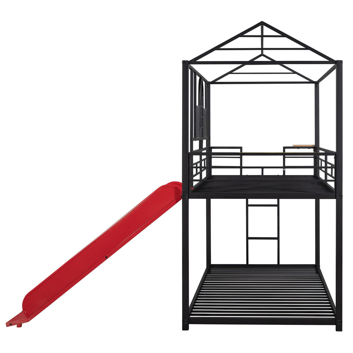 Twin Over Twin Metal Bunk Bed with Playhouse Design and Slide