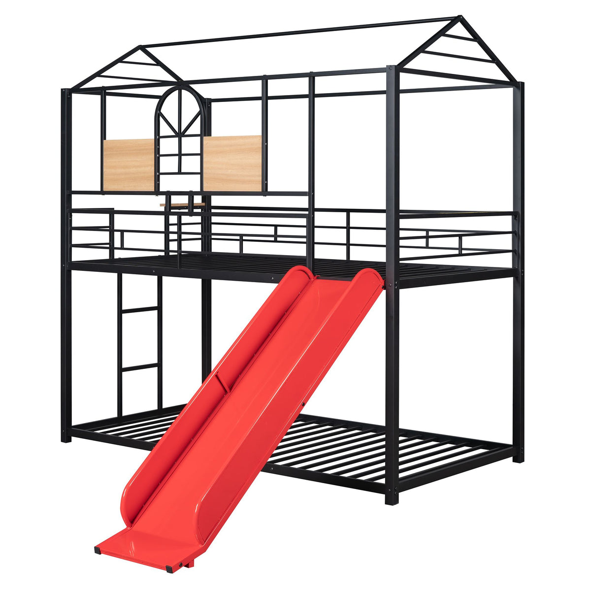Twin Over Twin Metal Bunk Bed with Playhouse Design and Slide