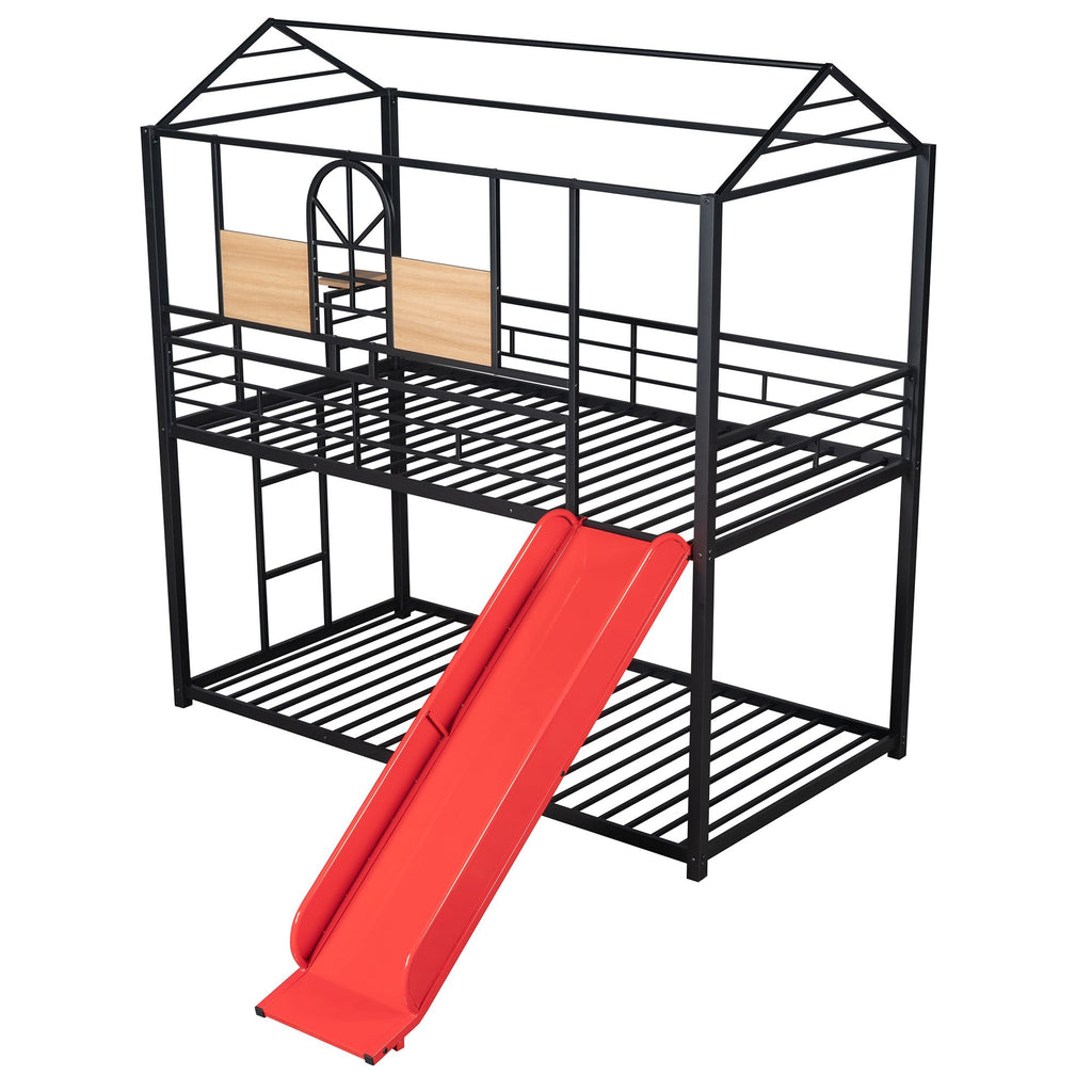 Twin Over Twin Metal Bunk Bed with Playhouse Design and Slide